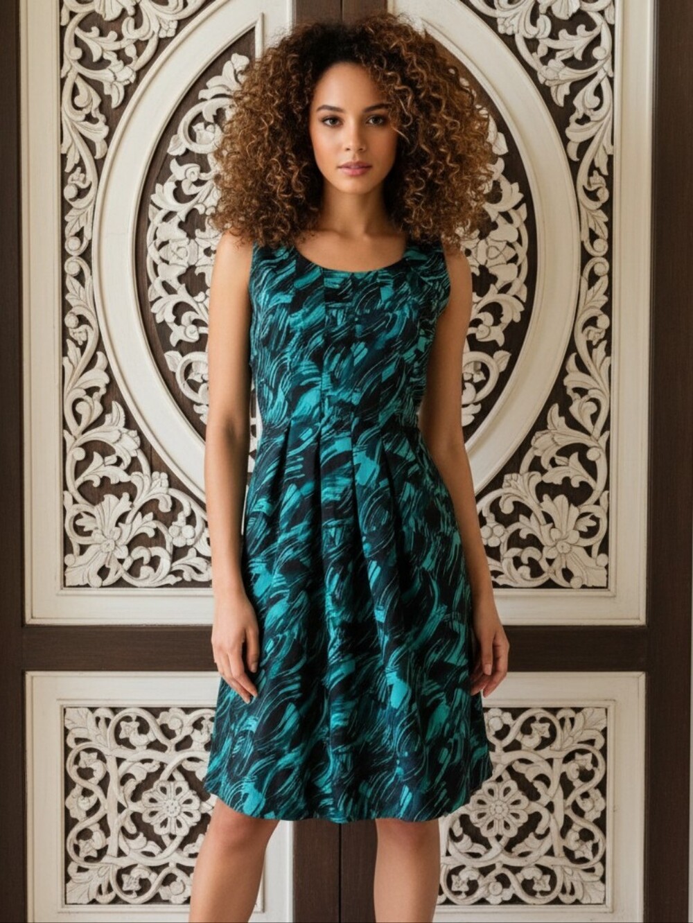 Simply Vera Vera Wang Teal & Black Abstract Sleeveless Sheath Dress | Size 6